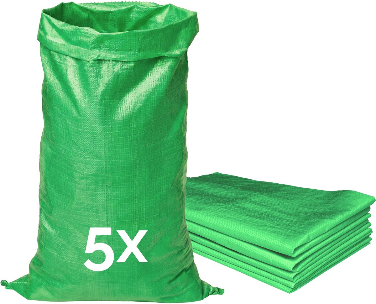 Garronda - Polypropyleen Zak Groen - 105 x 65 cm – 5 Stuks – Tuinafvalzak - Geweven Zakken van PP - Voor zand en opslag – Scheurvast - Belastbaar tot 50 kg – Veelzijdig inzetbaar – Zandzakken – Tuinzak – Hoogwaterbescherming – GD-ROM-Bag80