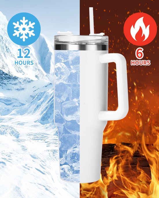 Witte mok met handvat, die drankjes 12 uur koud en 6 uur warm houdt.