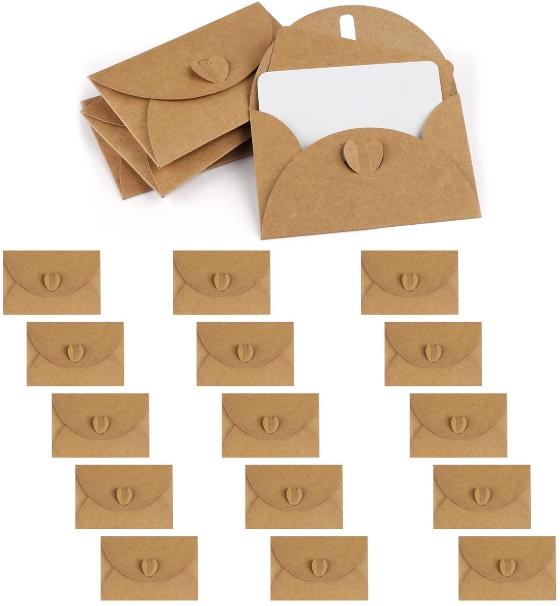 Dailygoods- Kraftpapier Enveloppen 15 Stuks - Mini Enveloppen met Hartsluiting - Blanco Papieren Kaarten - Vintage Set - DIY Cadeaukaarten