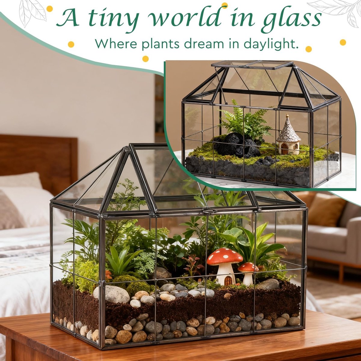 Dailygoods- Broeikas Mini - Vensterbank - 23,3 x 13,6 x 18 cm - Glas - Terrarium - Voor Vetplanten/Cactussen - Creatief Project – foto 5