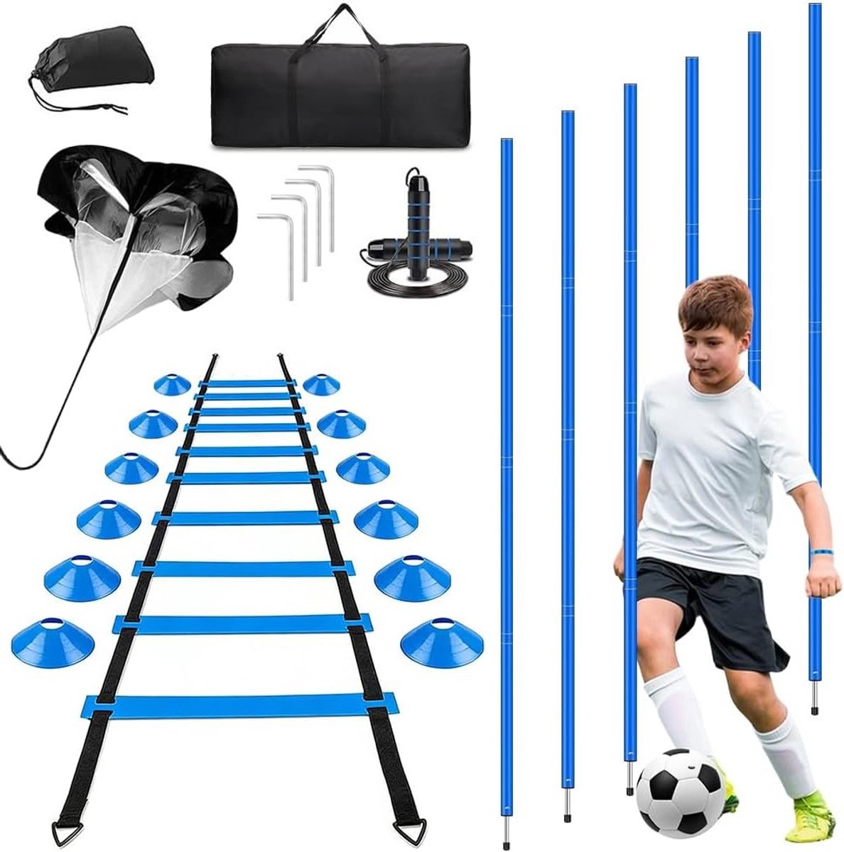 Complete Voetbaltrainingsaccessoireset met slalomstangen, coördinatieladder, hoedjes en springtouw voor optimale coördinatietraining en vaardigheden verbeteren