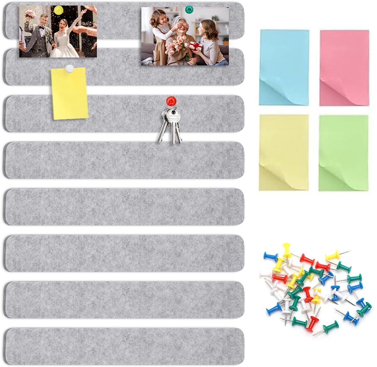 Dailygoods- Prikbord Vilt - 8 Stuks Zelfklevend - Prikspelden 30 Stuks - Wanddecoratie - Informatiebeheer - Compact 33 x 5 x 1,2 cm