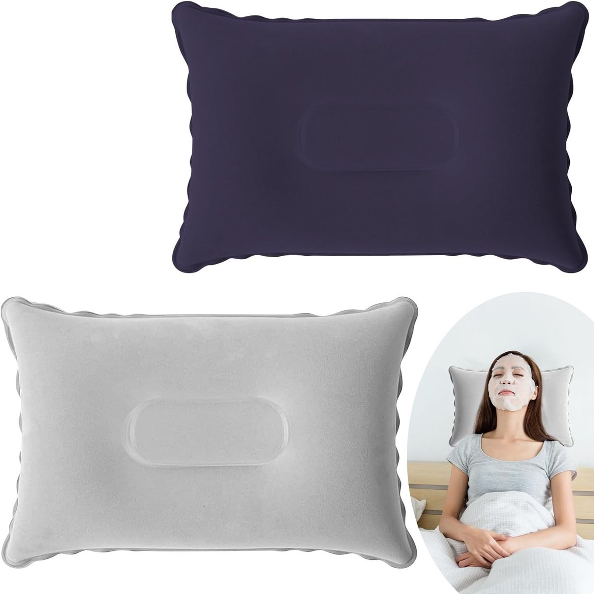 Verstelbare Opblaasbare Kussens voor Camping en Reizen - Lichtgewicht en Compact, Ideaal voor Auto, Bed, Strand en Vissen - 22x34cm (Grijs & Paars Blauw)