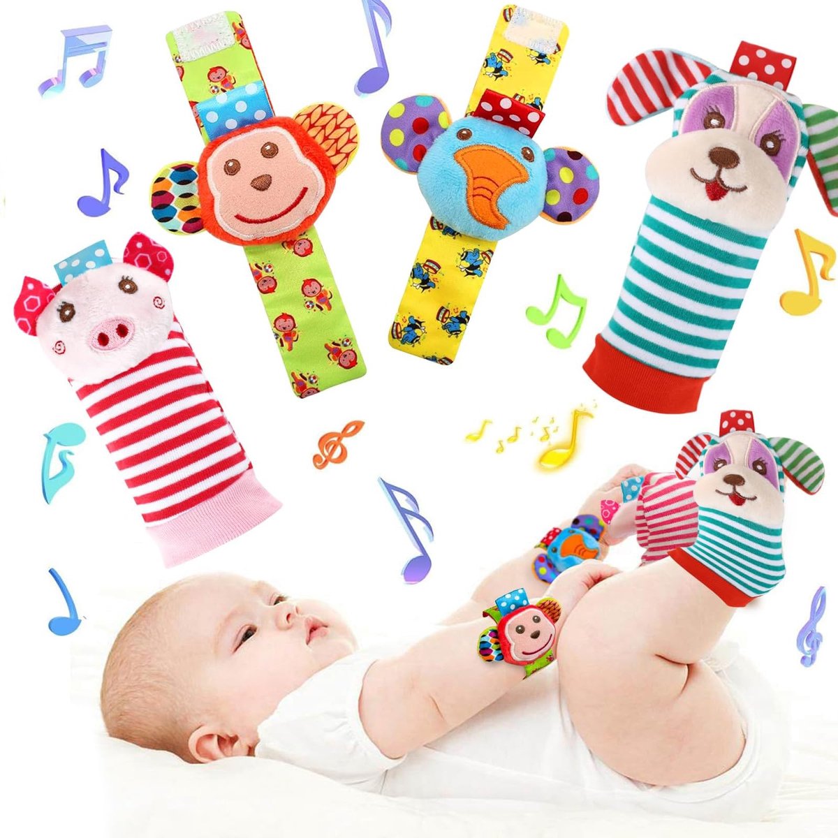 Dailygoods- Rammelsokken 4 Paar - Rammelsokken 0-6 Maanden - Speelgoed voor Jongens/Meisjes - Baby Sokken - Ontworpen voor Kleine Helpers - Babysokken