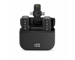 DrPhone VoxClip Draadloze Clip Microfoon – Lavalier USB-C & Compatibel met Lightning – 2 Microfoons – Noise Cancelling – 30m Bereik – Oplaadcase – Zwart