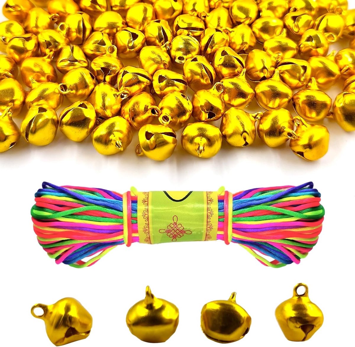 150 Stuks Metalen Belletjes 14mm Met 20m Kleurrijke Touw, Decoratiebelletjes voor Feestjes, Sieraden Maken en Hondenhalsbanden