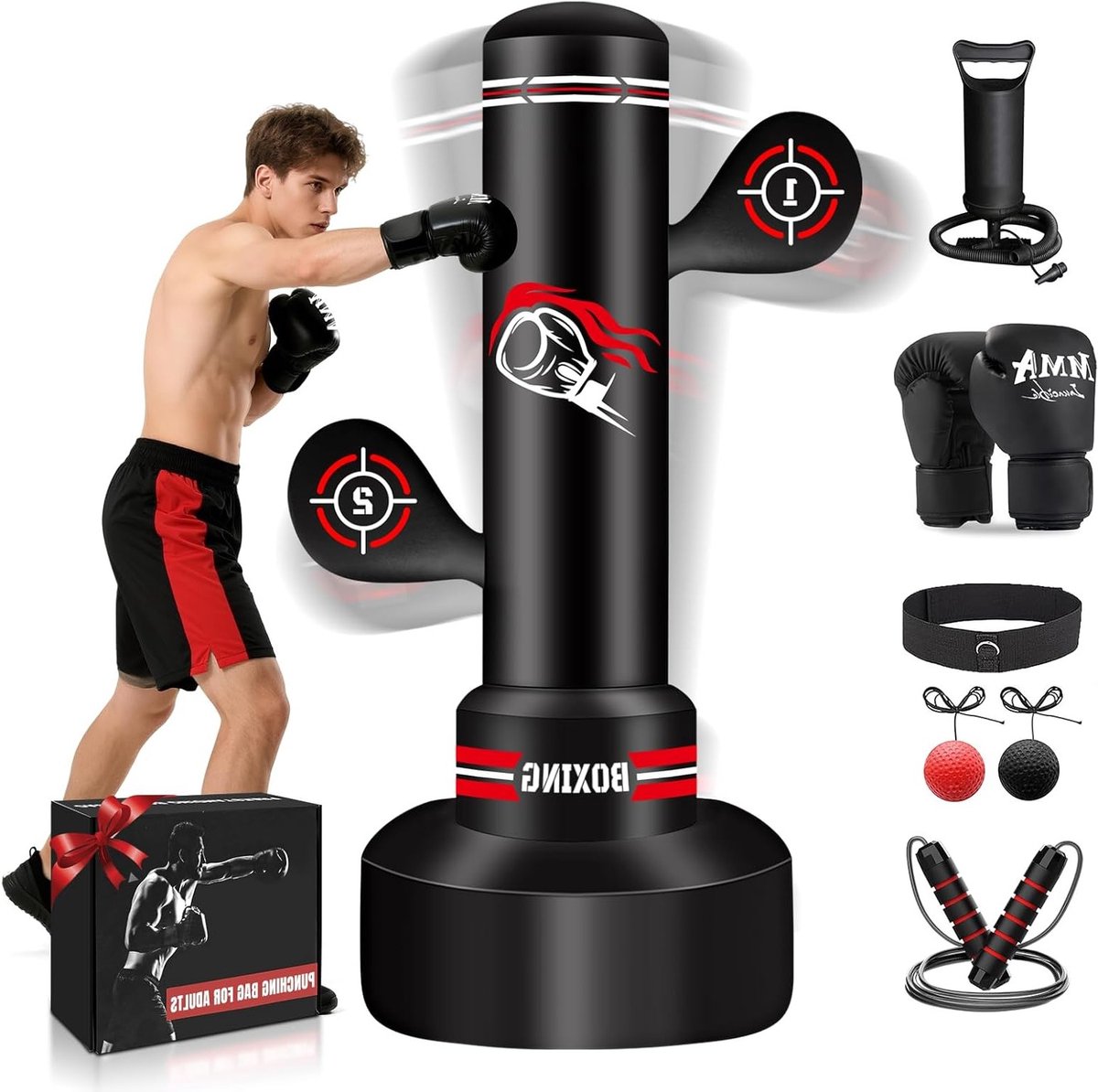 SnelShoppen - Upgraded Volwassen Vrijstaande Punching Bag 70 Inch met Bokshandschoenen, Pomp, Springtouw en Reflexbal - Inflatable Trainingsbag voor M