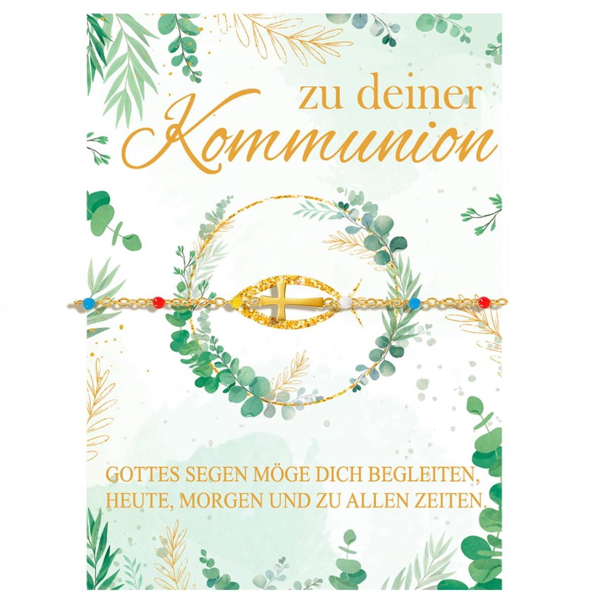 Dailygoods- Armband Goud Handgemaakt - Communiearmband - Kruisarmband - Cadeau voor Meisjes/Jongens - Inclusief Communiekaart - Groene Organza-zak - Communiesieraad