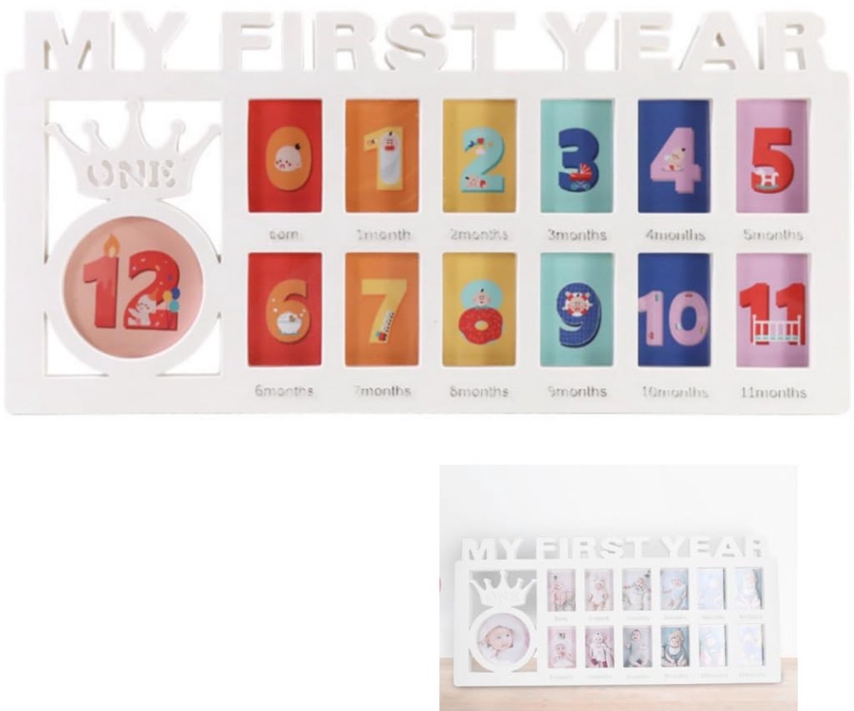 Dailygoods- Fotolijst Baby - 12 Maanden Aandenken - Babyfotolijst - Kunststof - 39 x 18,5 x 1,5 cm - Perfect Cadeau - Herinneringslijst