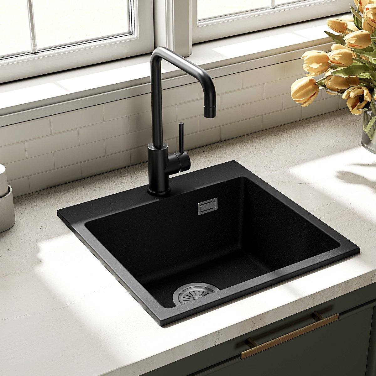 LOMAZOO Spoelbak Keuken Graniet Zwart 45×45 cm - Gootsteen - Keukenspoelbak - Opbouw Wasbak Keuken [ALONSO]
