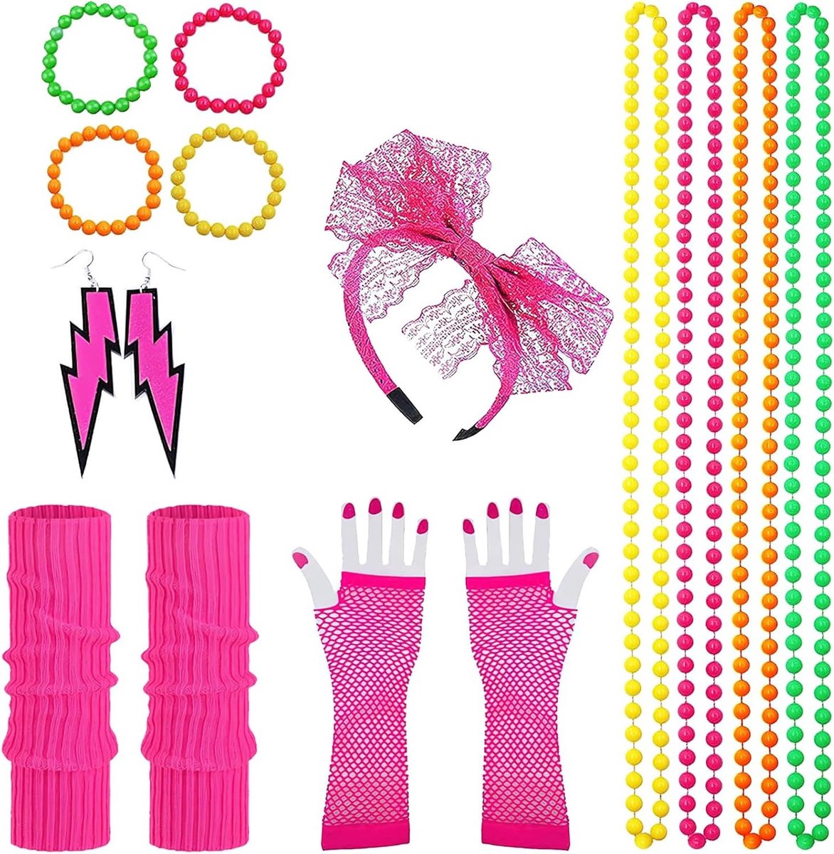 Stijlvolle jaren '80 outfit voor dames met nethandschoenen, neon accessoires en sieraden