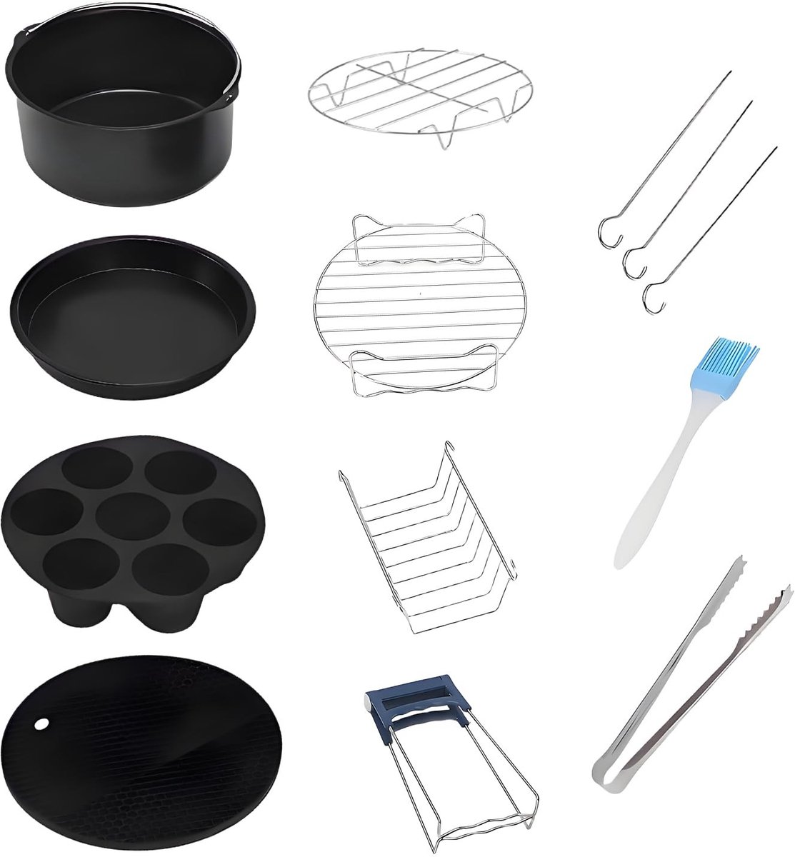 SOUQONE- Heteluchtfriteuse Accessoires 13-delig Bakvorm met Greep Siliconen Pad Ronde Vierkante Grill Borstel Clip Hittebestendig Roestvrij Staal Airfryer Accessoires