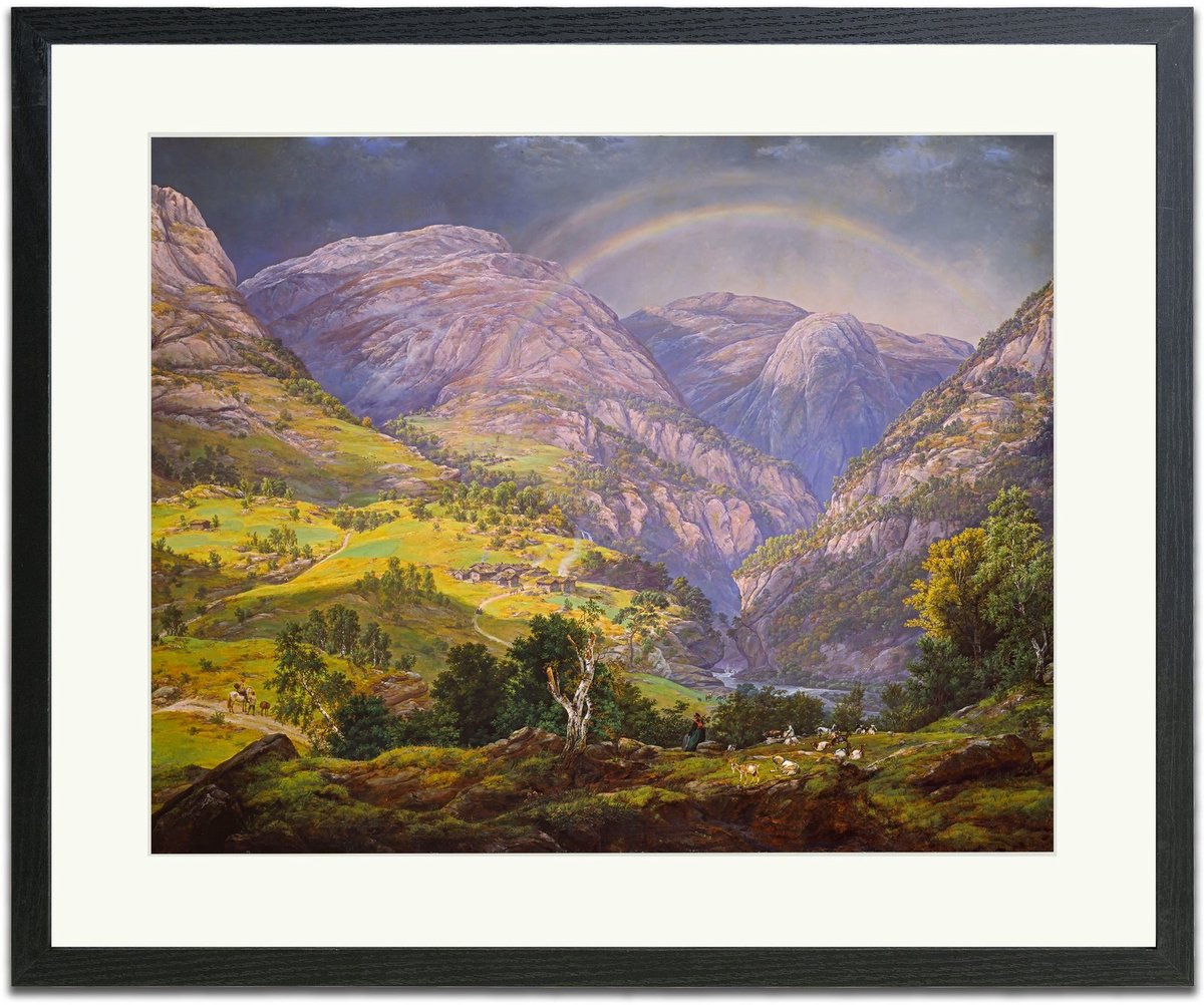 Uitzicht vanuit Stalheim (Johan Christian Dahl) - Ingelijste Muurkunst - 63x53cm zwart frame - Glasplaat en Passe-partout - Museum kwaliteit print