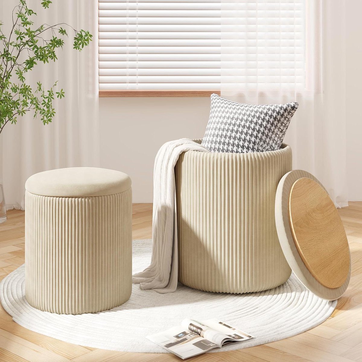 Opberg Poef Set - Voetenbank Fluweel - Extra Zitting - Afneembare Deksel - 2 Maten - Beige
