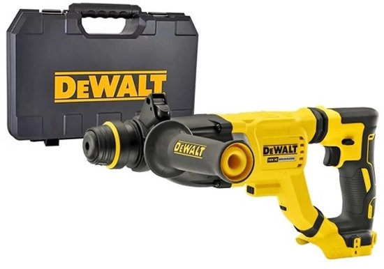 Gele DeWalt accuboorhamer met koffer, zwart handvat en 18V XR BRUSHLESS aanduiding.