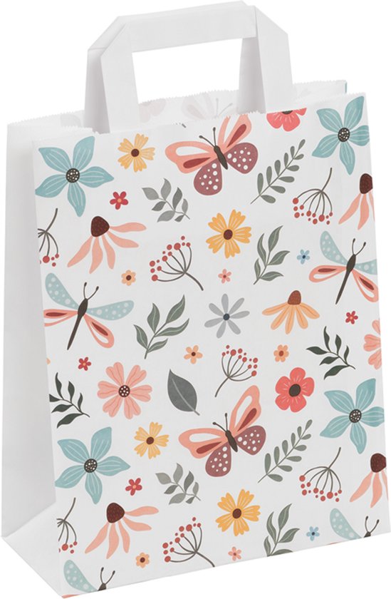 Witte papieren draagtas met een all-over print van pastelkleurige bloemen, vlinders en libellen.