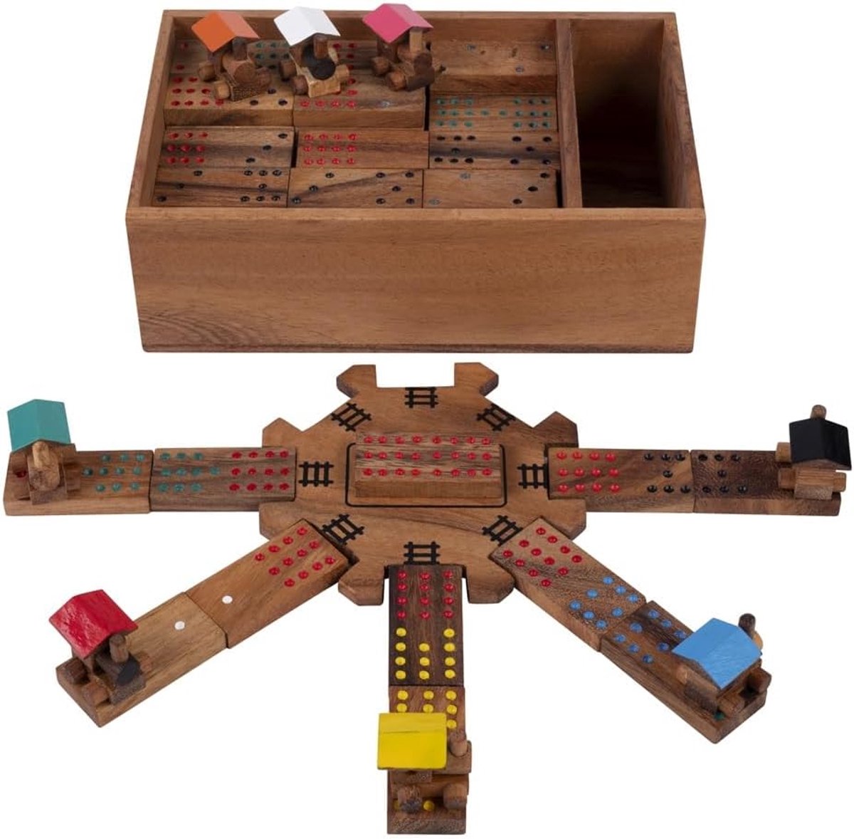 Houten Domino - Train Spel - Familie Spelletjes - Met Station - 22x15x7cm - Houtkleurig