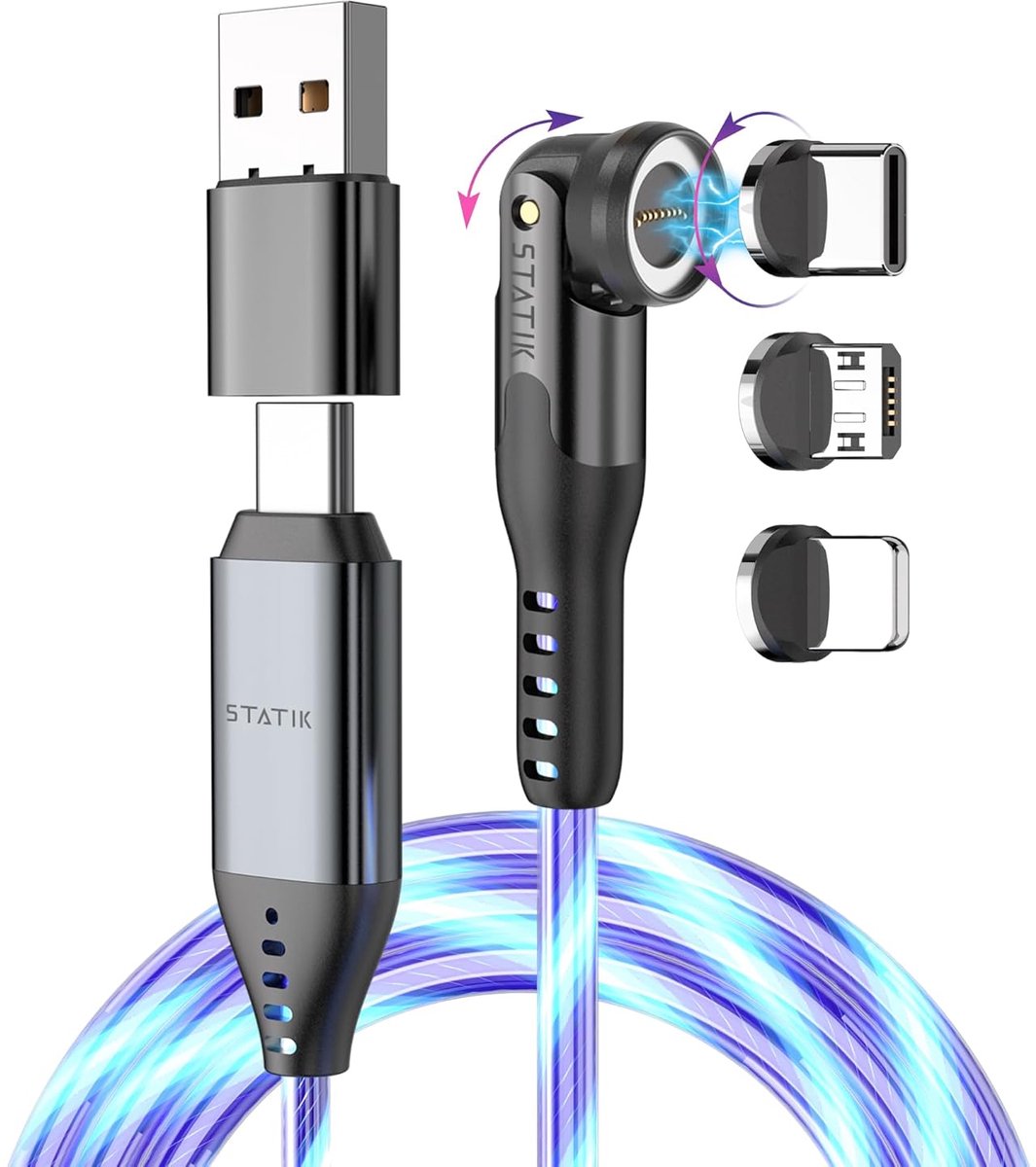 Statik 360 Pro Magnetische Glo Brite Led Oplaadkabel - USB-C Snellaadkabel - 3-in-1 - USB-C naar USB-C - Lightning - Micro USB - 100 W