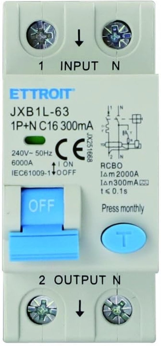 Aardlekschakelaar - Stroomonderbreker - Systeembeveiliging - 300mA Differentiële Beveiliging - 2 Modules