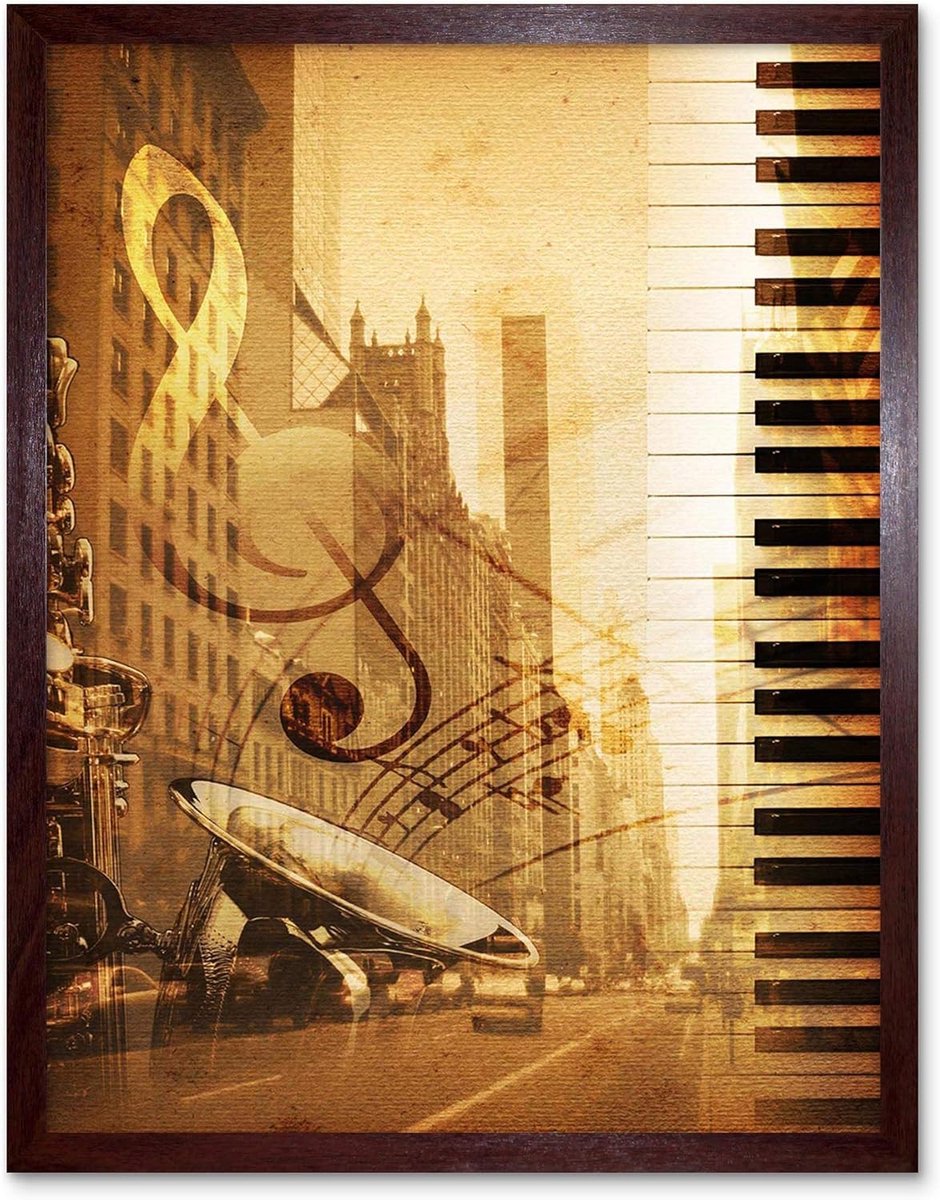 Jazz Saxofoon Poster - Muziek Kunst - Wanddecoratie - Ingelijst - 30x41 cm - Bruin met frame
