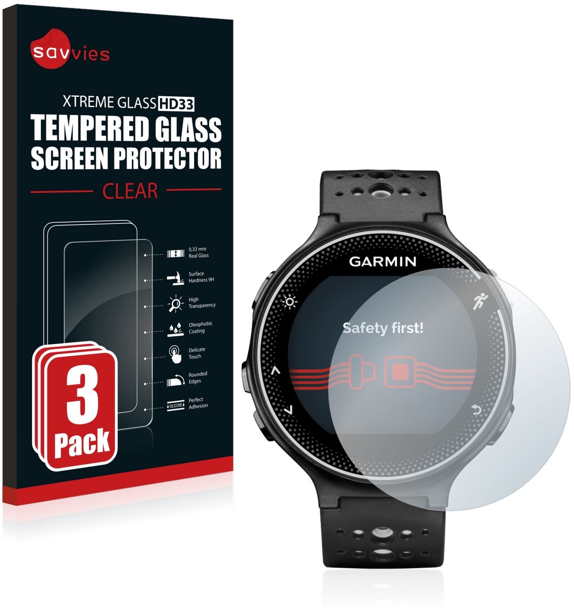 Savvies - Glas Screenprotector voor Garmin Forerunner 230 - Gehard Beschermglas 9H 3 Stuks