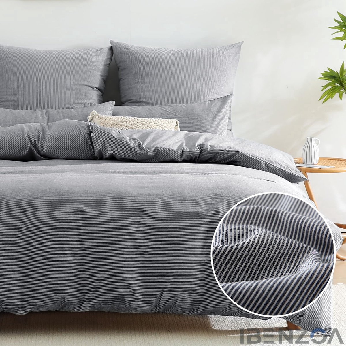 Ibenzoa Dekbedovertrekset - Gestreept - 135x200 cm - Donkerblauw - 100% Katoen