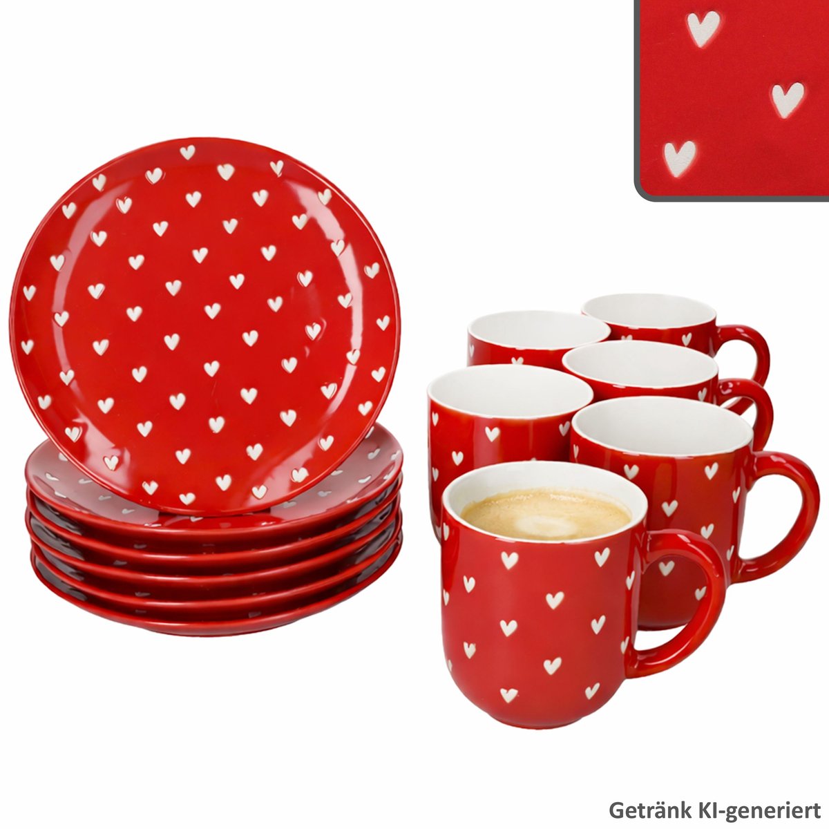 12-delig ontbijset LOVE (All over Hart) rood met witte harten voor 6 personen van porselein – 24310119 & 24310135