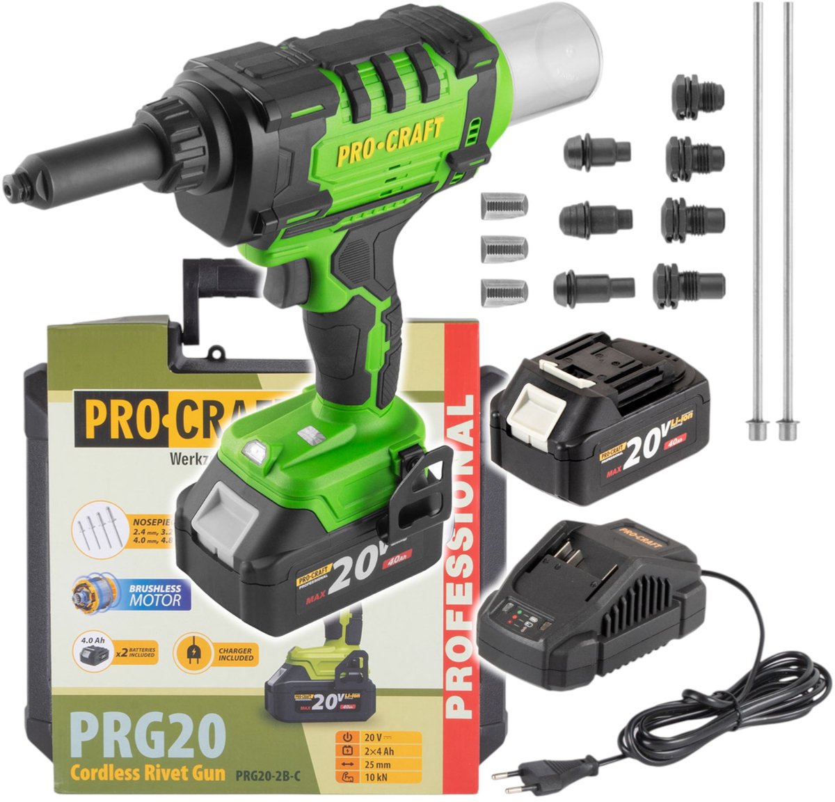 Procraft PRG20 accu-blindklinkpistool 20 V 10 kN 2,4 - 6 mm borstelloos + 2x accu 4,0 Ah + oplader + koffer