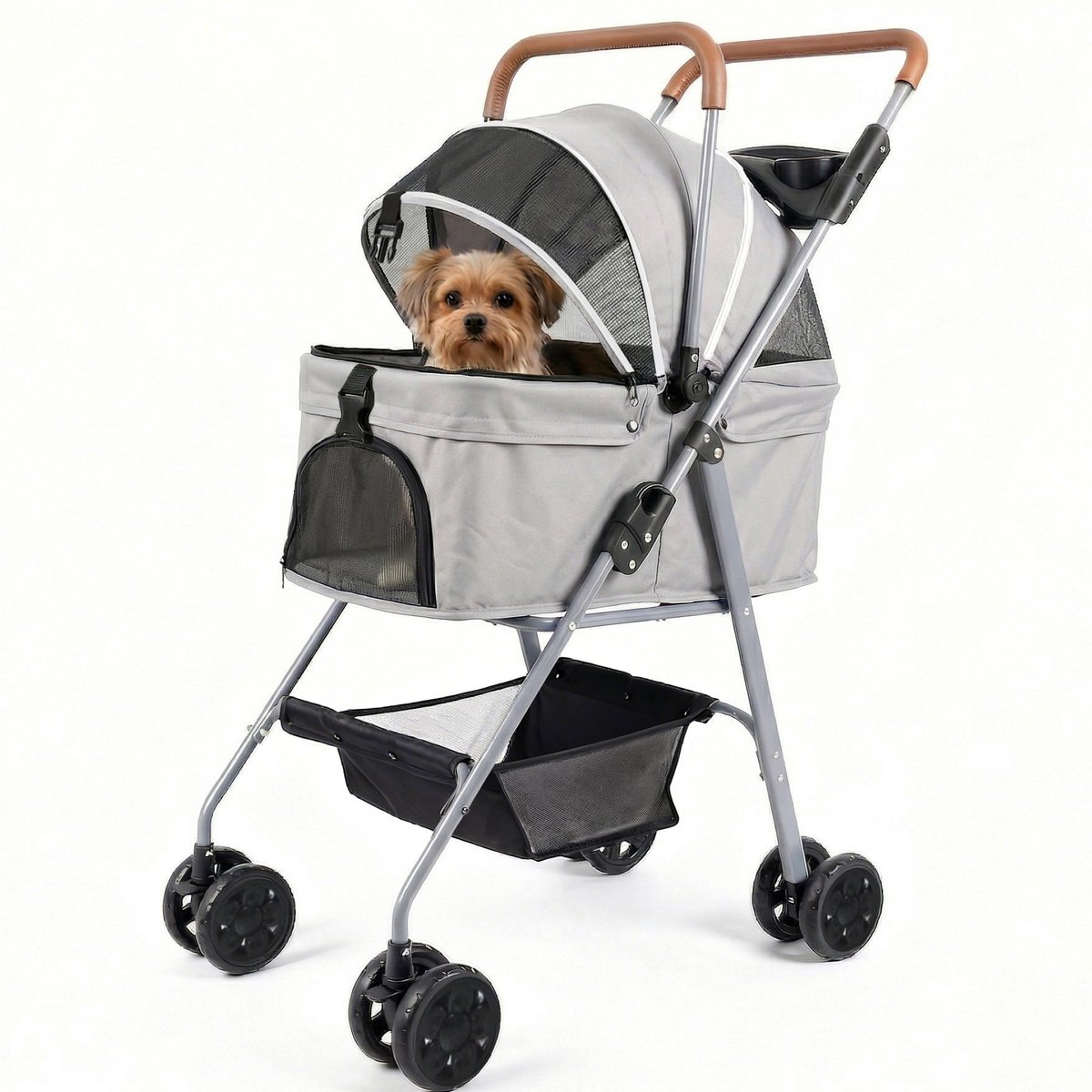 Hondenbuggy inklapbare 3-in-1 – Hondenkar met afneembare mand en autostoelfunctie – Hondenwagen voor kleine honden en katten tot 17 kg – Met rem, boodschappenmand en gaasraam - Grijs
