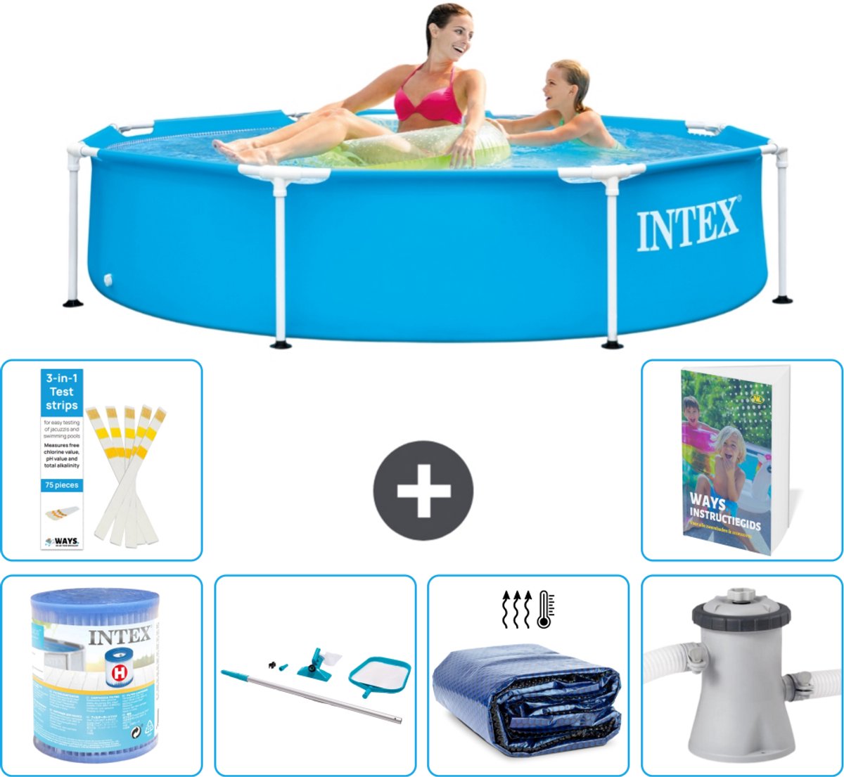 Intex Rond Frame Zwembad - 244 x 51 cm - Blauw - Inclusief Filter - Schoonmaakset - Solarzeil - Zwembadfilterpomp - 7-delig