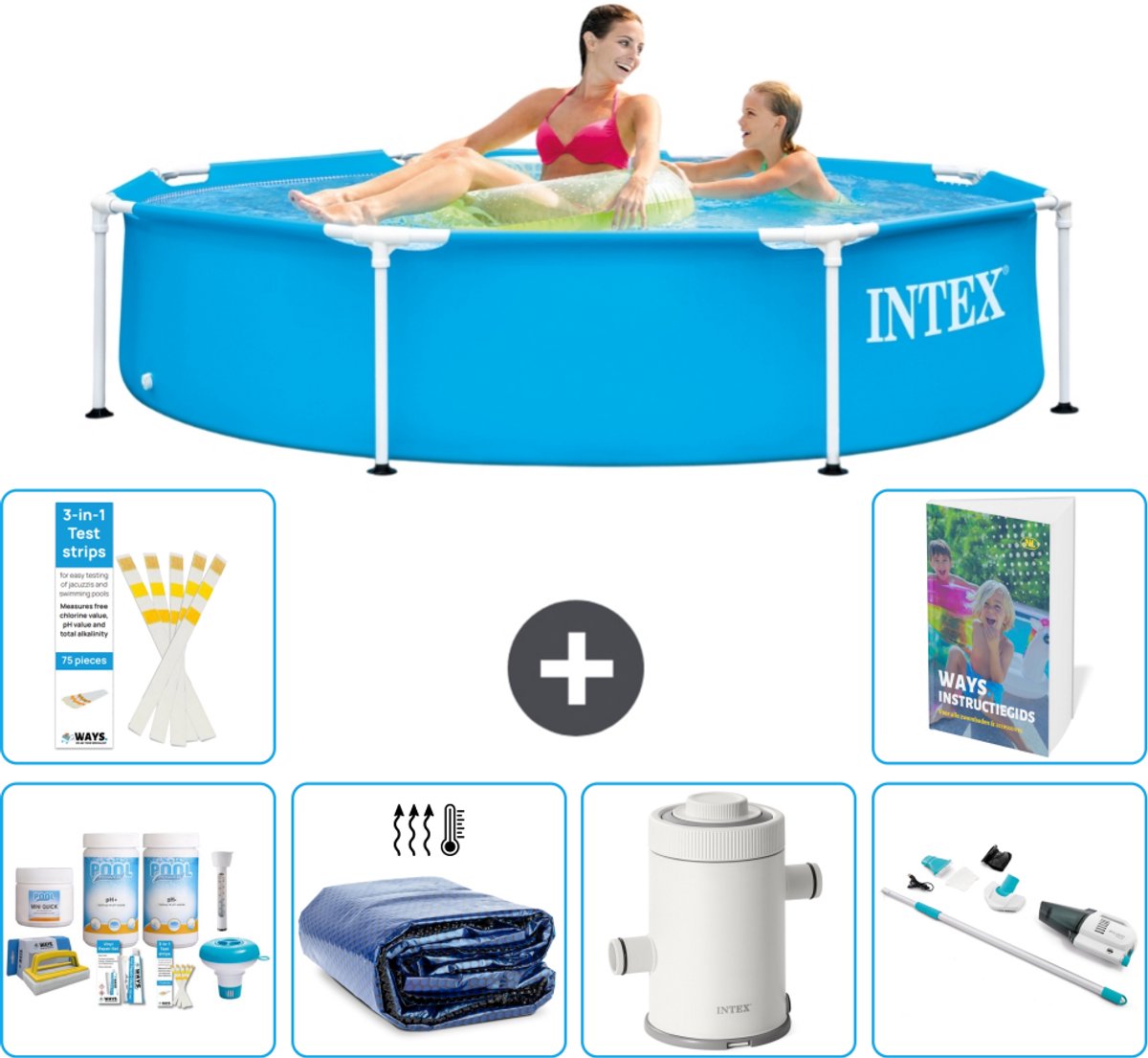 Intex Rond Frame Zwembad - 244 x 51 cm - Blauw - Inclusief Onderhoudspakket - Solarzeil - Zwembadfilterpomp - Stofzuiger - 7-delig