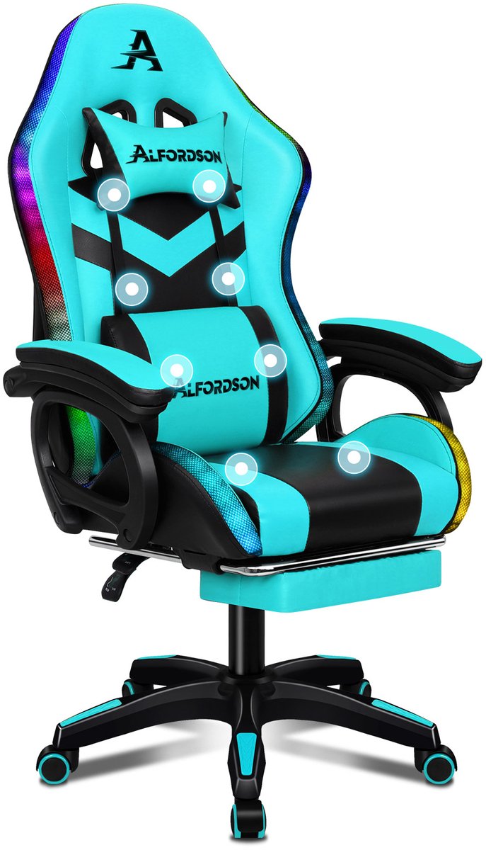 Gamestoel, 12 RGB LED-kleurenafstandsbediening, armleuningen met schuifrail, intrekbare voetsteun, 8-punt massage verstelbaar kussen