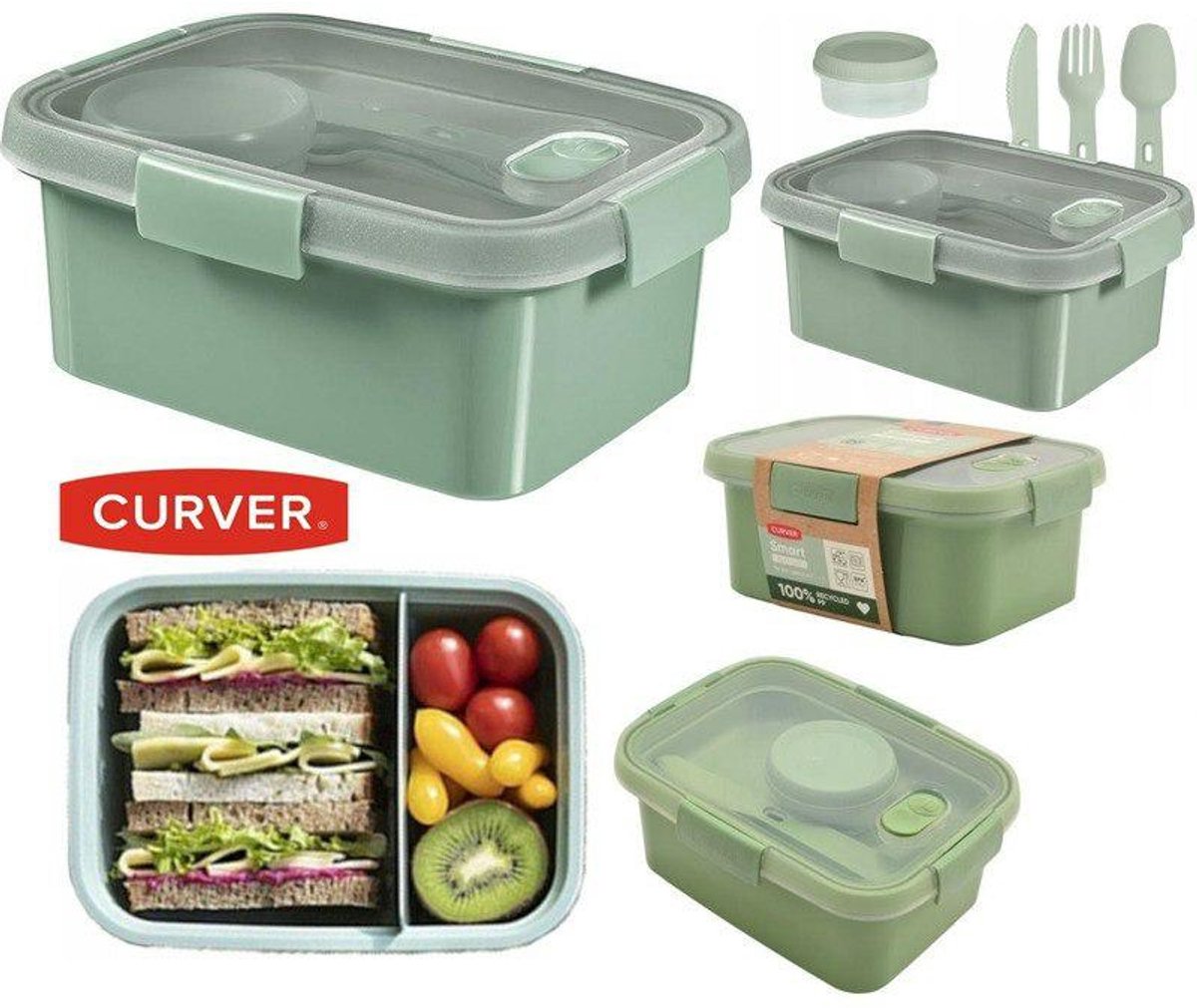 Curver Smart To Go Eco Lunchbox - 12 liter + Bestekset + Sauscup - Eco Groen