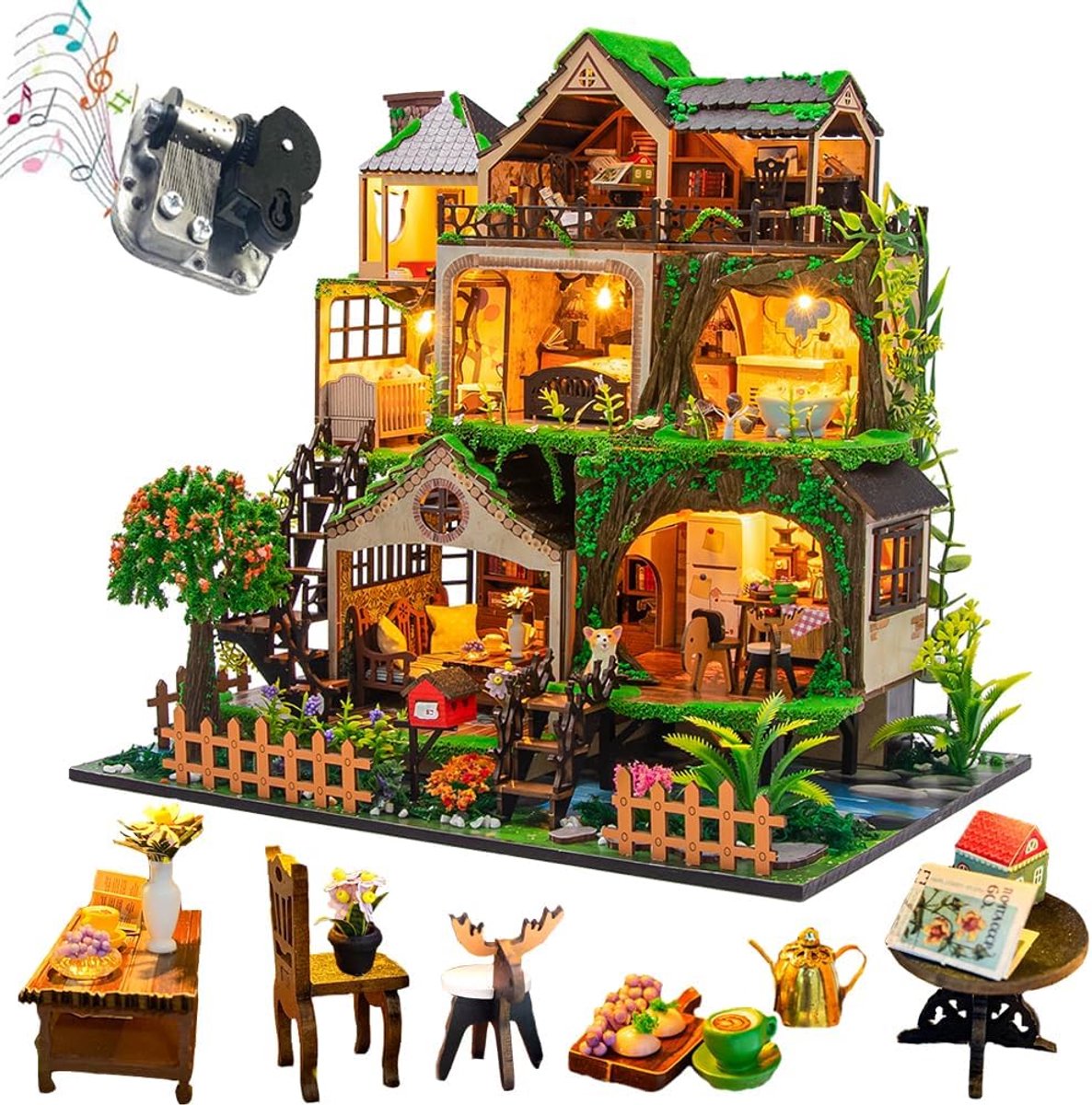 Miniatuur Poppenhuis - Houten Knutselset - Creatief Hobbyproject - Gedetailleerd Model - 32 x 23 x 30 cm