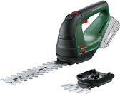 Bosch AdvancedShear 18V-10 accu heggenschaar in donkergroen en zwart met zilverkleurig mes, inclusief buxusschaar- en grasschaaropzetstuk.