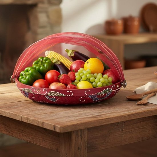Vliegenbescherming Fruitmand - Vliegenkap Deksel - Voedsel Beschermen - Fair Trade Indonesië - 25 cm Diameter - Wijnrood — afbeelding 4