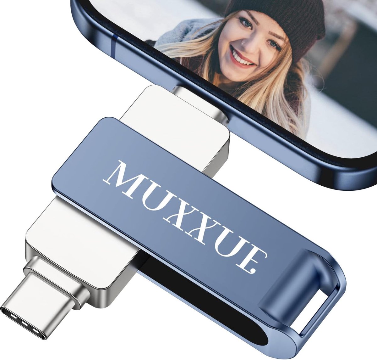 USB Stick Telefoon - Geheugenstick - Bestanden Overzetten - 3-in-1 Connectiviteit - 128 GB - Koningsblauw