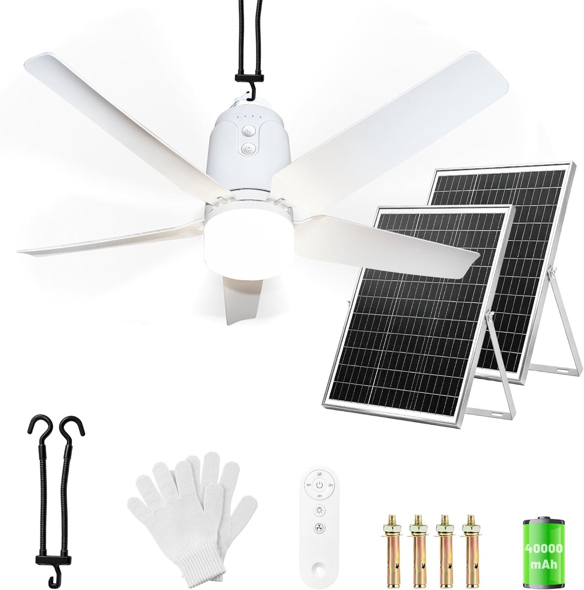 Plafondventilator met Licht - Zonne-energie Ventilator - Buiten Binnen Gebruik - Grote Accu Capaciteit - 77cm Diameter - Wit