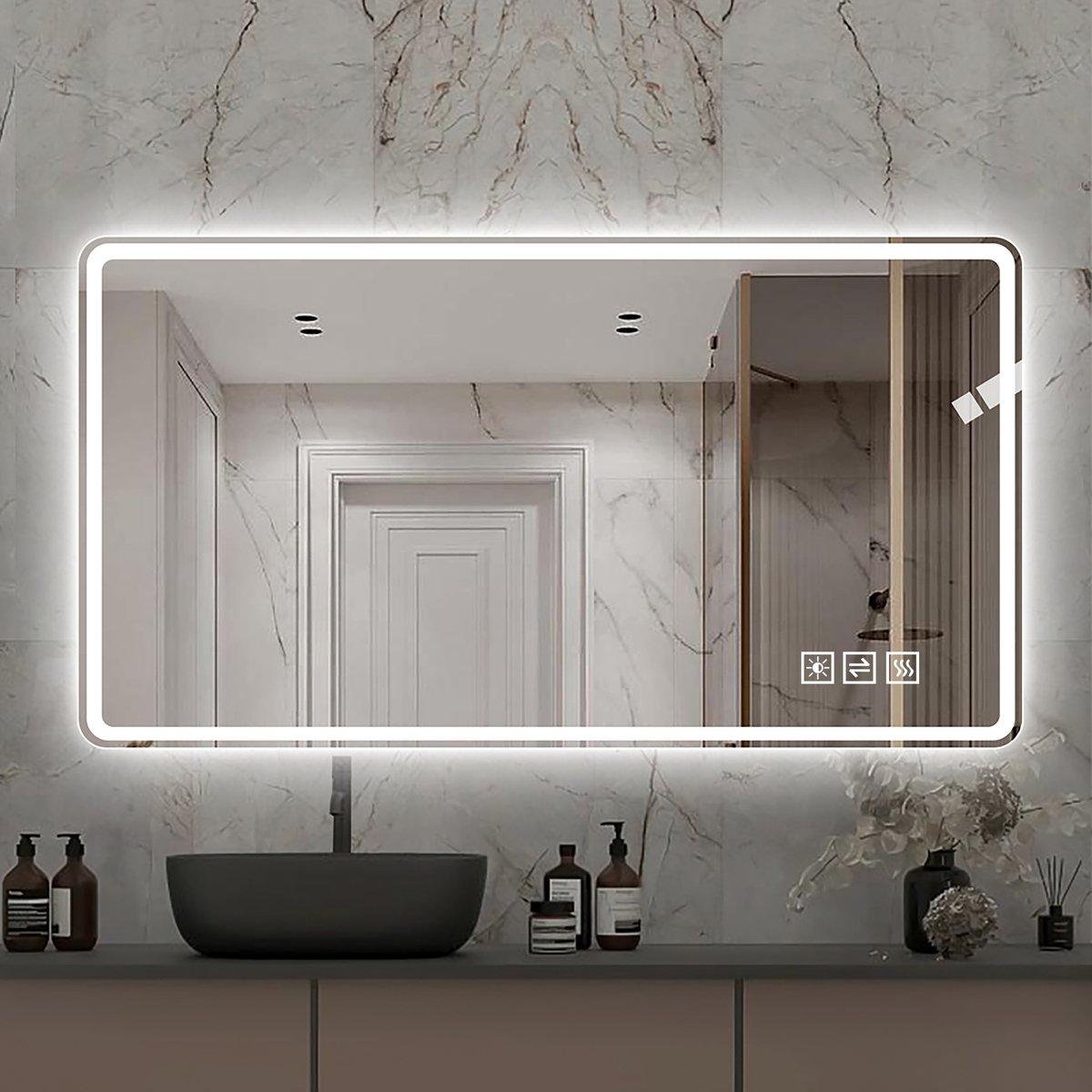 OKWISH Badkamerspiegel Verlicht 60 x 100 cm Glas en Metaal Zilver Dimbaar met Anti Condens