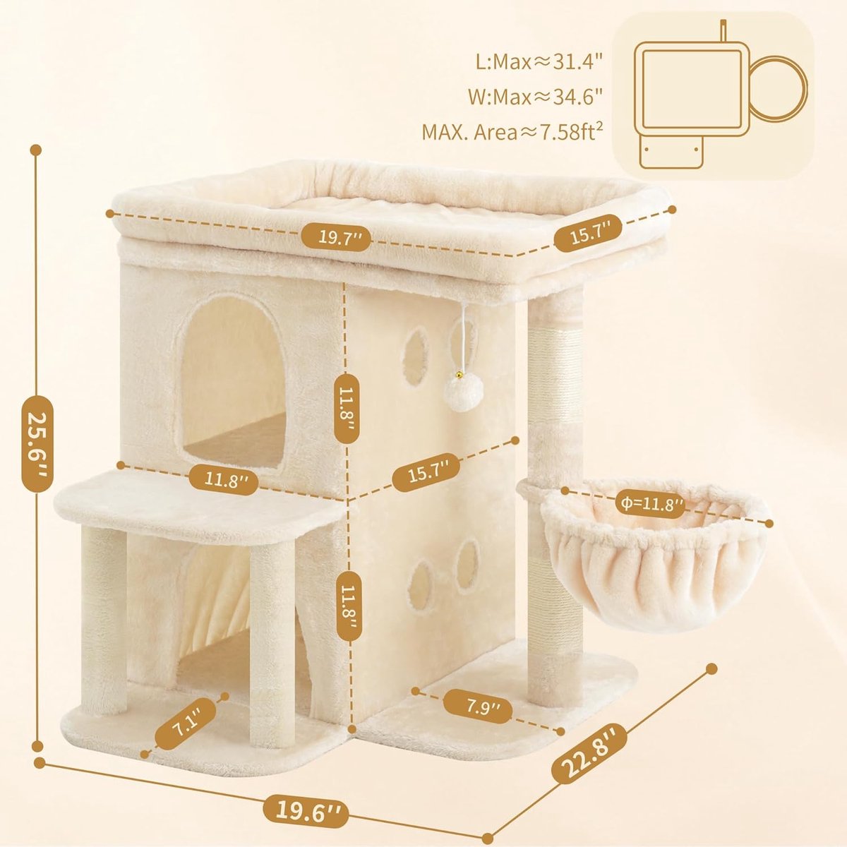 Katten Krabpaal 65cm Met Groot Platform Dubbel Huis Sisal Speelgoed Beige Compact – foto 4