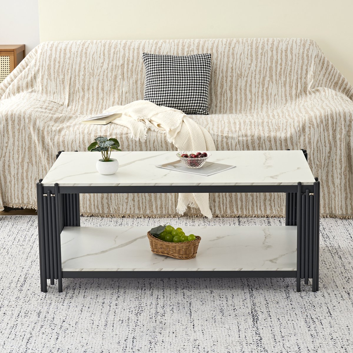 MODFU Rechthoekige Salontafel - 2 Opbergplanken - Marmerlook - Modern - Woonkamer - MDF En Metaal - Wit En Zwart Wit+Zwart