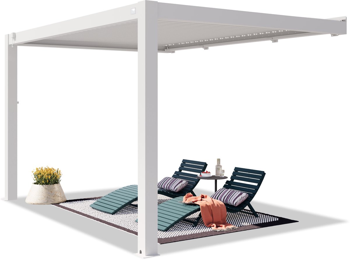PRIMEYARD Pergola aan huis 3x4 m staanders van aluminium met aluminium lamellendak witte muurpergola