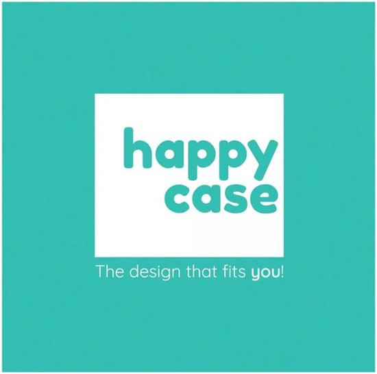 Happy Case logo met de slogan 'The design that fits you!' op een turquoise achtergrond.
