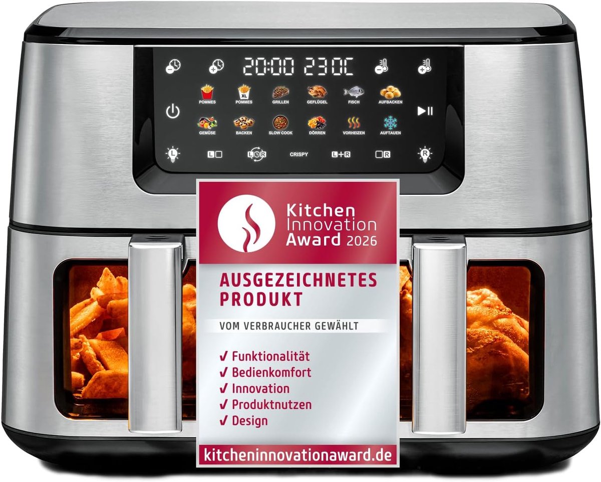 Dubbele Heteluchtfriteuse - Airfryer XXL - Gezond Koken - Twee Manden 5.5L - 32x43x38 cm - Roestvrij Staal