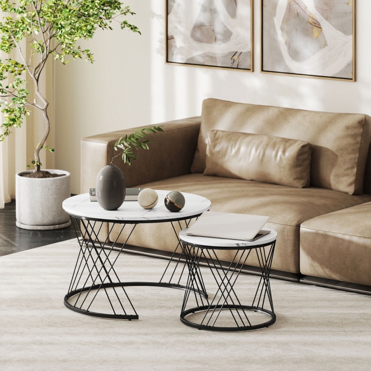 MODFU Salontafelset - Rond En Inschuifbaar - Modern - Voor Woonkamer - Spanplaat En Metaal - Wit - 70 x 70 x 46,5 / 44,5 x 44,5 x 39 cm