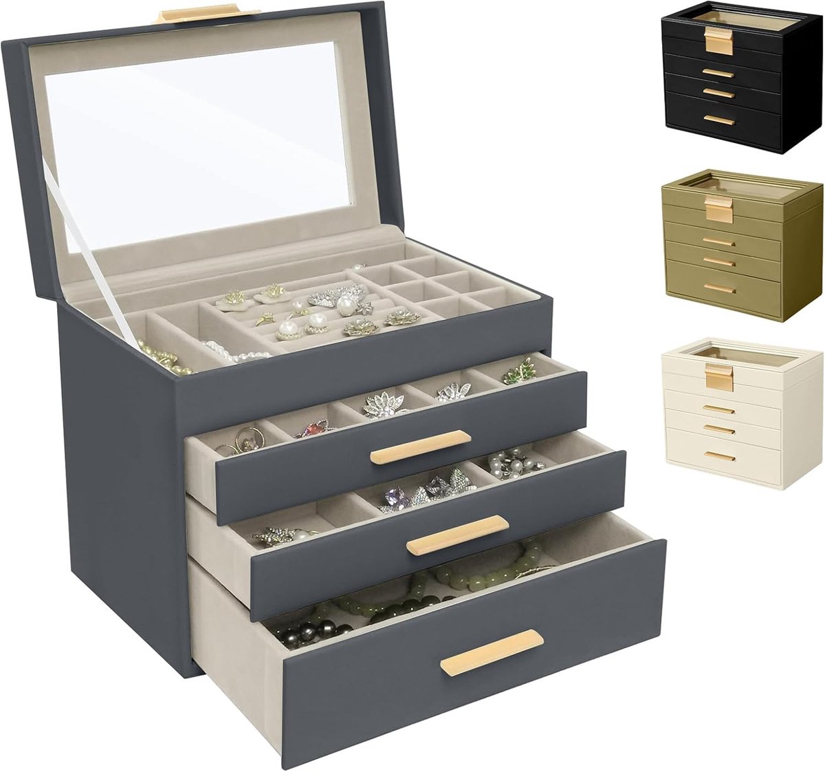 Sieradendoos Grote Opslag - Juwelendoos Organizer - Sieraden Netjes Houden - 4 Niveaus Handvat - 25x21x15 cm - Blauwgrijs