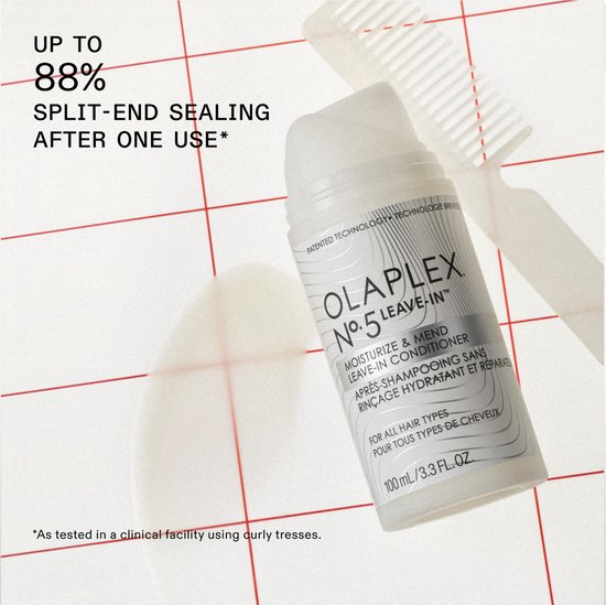 Olaplex No. 5 Leave-In conditioner flesje op witte achtergrond met raster.