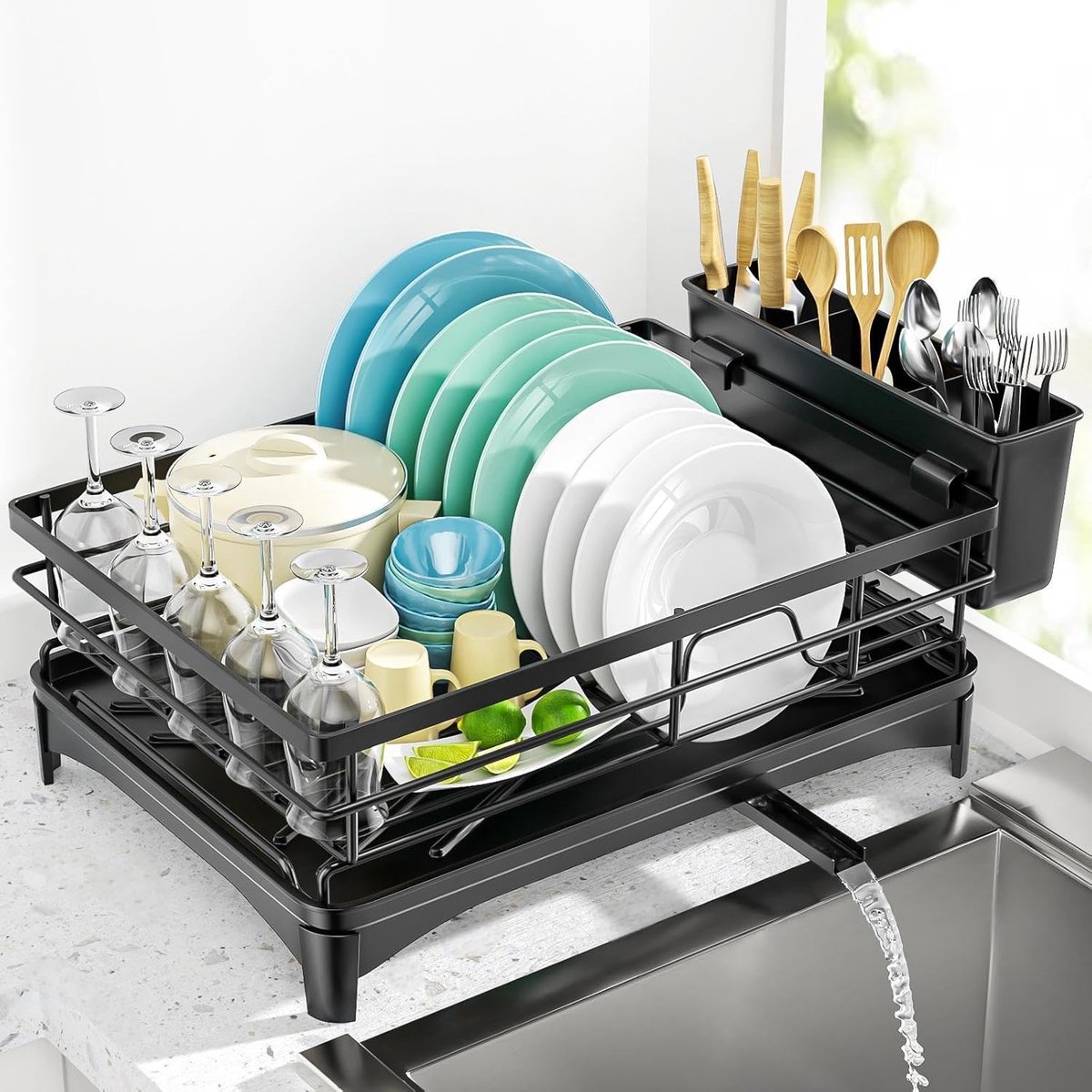 Aanrecht Afdruiprek - Keuken Organizer - Vaat Drogen - Draaibare Uitloop - 35x42x12 cm - Zwart