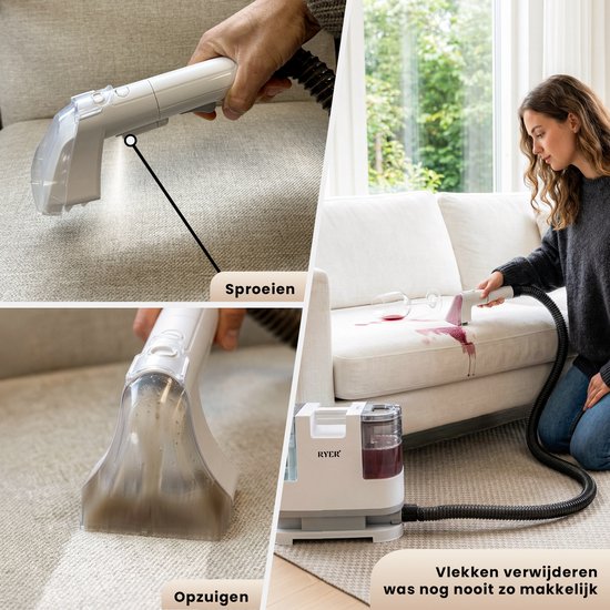 Vrouw reinigt vlekken op een beige bank met een witte reinigingsmachine.