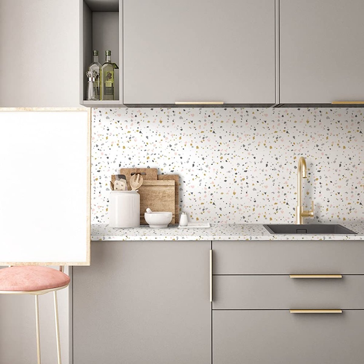Dailygoody - Terrazzo-effect - Zelfklevende meubelstickers - Eenvoudig aan te brengen - Witte Terrazzo-kleur - Muurdecoratie - Geschikt voor binnen